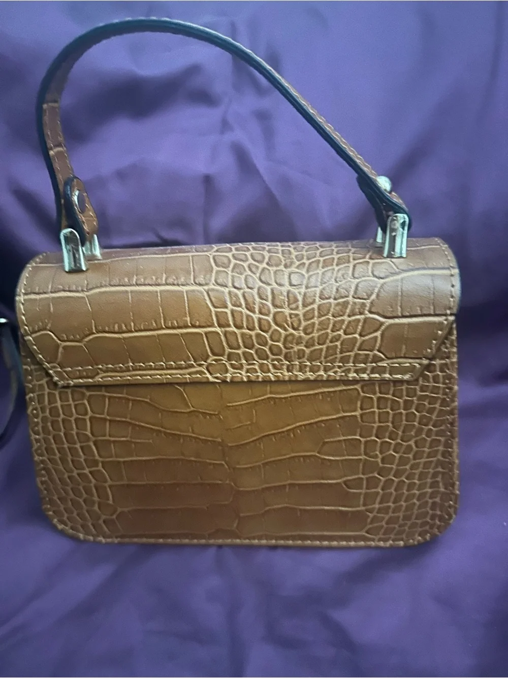 Italian Leather Croc-Embossed Top-Handle Bag in Brown
